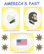 3 images on aida ovals - George Washington, Abraham Lincoln, 13 star American flag by Susan Saltzgiver Designs.