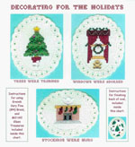 3 images on aida ovals - a decorated Christmas tree, a window with holly and a wreath, a fireplace with stockings hung in a row all embellished with glass treasures by Susan Saltzgiver Designs.