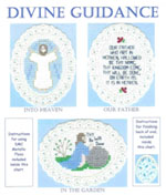 3 images on aida ovals - Jesus rising into Heaven, Jesus in prayer, and part of Lord's prayer by Susan Saltzgiver Designs.