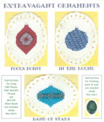 3 images on aida ovals - Christmas ornaments in 3 shapes and styles stitched with rayon floss and embellished with beads and metallic threads by Susan Saltzgiver Designs.