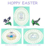 3 images on aida ovals - bunny face on egg, basket of colored eggs, and bunny on egg  by Susan Saltzgiver Designs.