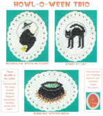 3 images on aida ovals - a witch flying on her broom, a black cat, and a bubbling caulbron on sticks and fire by Susan Saltzgiver Designs.