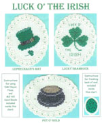 3 images on aida ovals - leprechaun's hat, a shamrock, and a pot of gold with the nuggets formed by gold beads  by Susan Saltzgiver Designs.