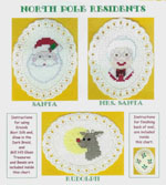 3 images on aida ovals - Santa, Mrs. Santa, Rudolph with his nose shining by Susan Saltzgiver Designs.