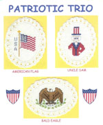 3 images on aida ovals - American flag, Uncle Sam, and Bald Eagle with wings 'up' by Susan Saltzgiver Designs.