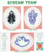 3 images on aida ovals - Dracula, a skeleton, and a flying ghost by Susan Saltzgiver Designs.