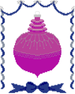 An extravagant magenta round Christmas ornament decorated with beads and metallic thread with a holiday ribbon border by 